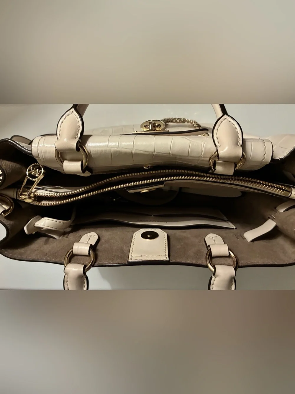 Michael Kors Cream Croc-Embossed Leather Satchel with Gold Chain Accent